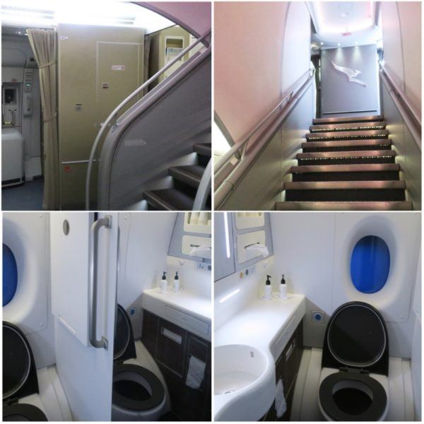 flight review qantas first class first class suite toilets and stairs QF1
