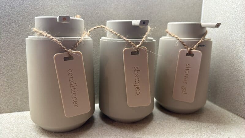 cosmic saona shower gel shampoo conditioner beige dispensers chic with custom labels