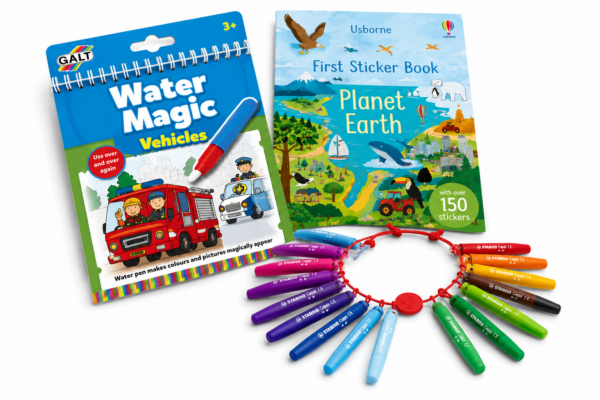 Three travel activities that have earned a permanent place in our toddler travel bag: Water Wow books, Usborne sticker books and Stabilo Cappi pens (the only pens we've never managed to lose on a plane).