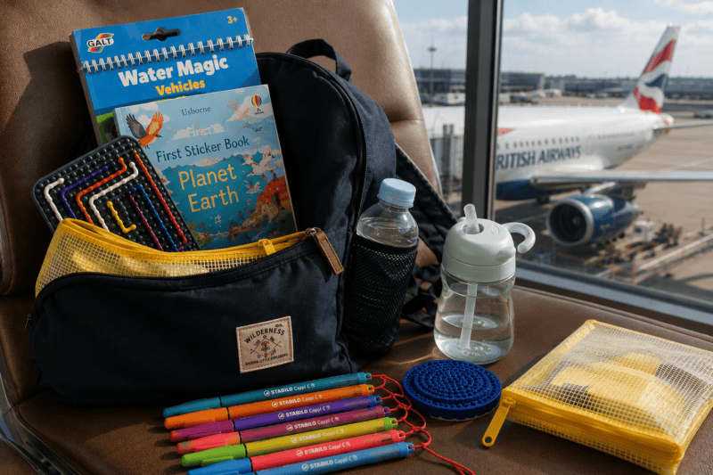 Toddler travel backpack with Water Wow books, sticker books, sensory toys and travel activities at an airport before a flight.