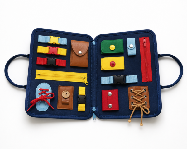 Travel busy board with buckles, zips, laces and sensory activities designed to keep toddlers entertained on flights and while travelling.