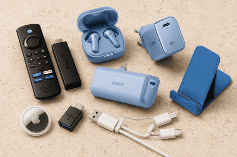 travel tech essentials including Fire TV Stick, portable charger, travel adapter and earbuds