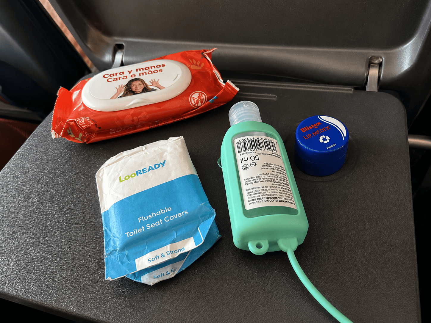 essentials to take on flight kids wet wipes hand sanitiser toilet seat covers