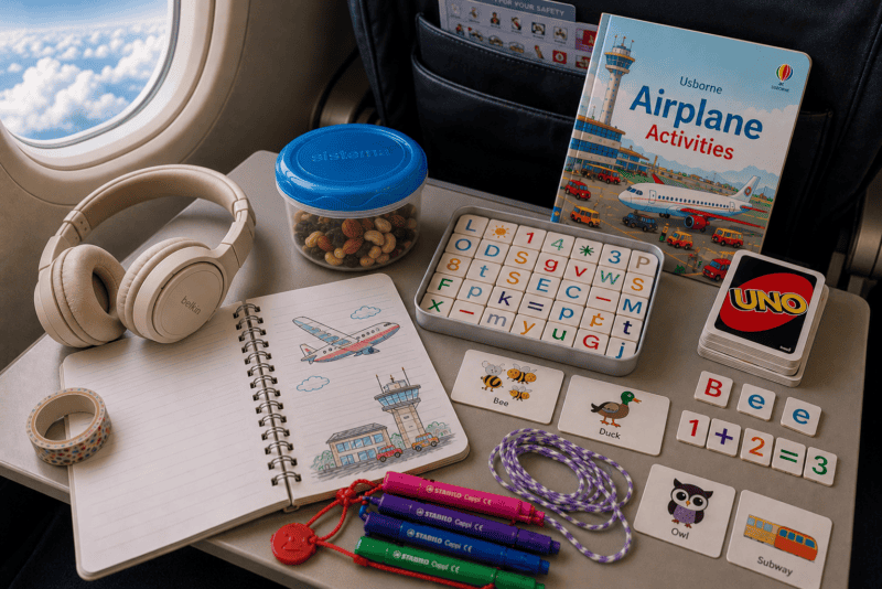 Plane activities for 5–7 year olds including Uno, letter games, notebook, Stabilo Cappi pens, Cat's Cradle string, headphones and snacks on an airplane tray table.